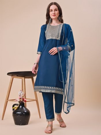FANCY TAFFETA SILK EMBROIDERY ZARI WORK TOP BOTTOM WITH DUPATTA  TEAL