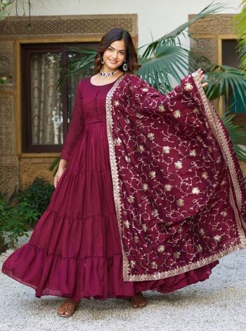 FANCY VICHITRA SILK POTLI BUTTON WORK GOWN WITH SEQUENCE EMBROIDERY WORK DUPATTA MAROON