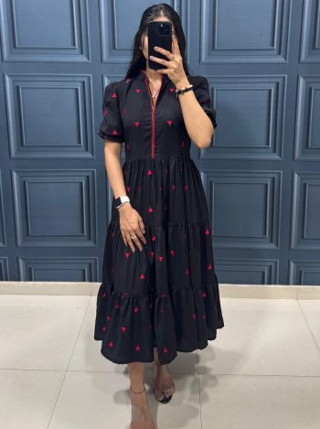 FANCY VISCOSE COTTON EMBROIDERY WORK AND 3 LAYER PATTERN STITCHED ONE PIECE  BLACK