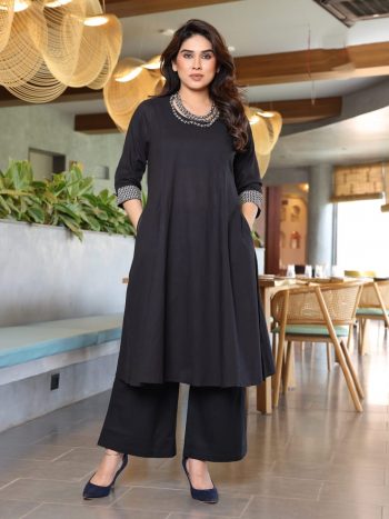 FANCY VISCOSE EMBROIDERY WORK KURTI PALAZZO SET  BLACK