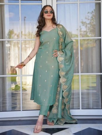 FANCY VISCOSE JARI CHANDERI EMBROIDERY WORK TOP BOTTOM WITH DUPATTA SEA GREEN