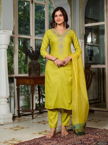 FANCY VISCOSE RAYON EMBROIDERY WORK TOP BOTTOM WITH DUPATTA  LEMON