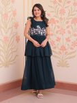 FANCY FAUX BLOOMING BEADS EMBROIDERED WORK GOWN  TEAL
