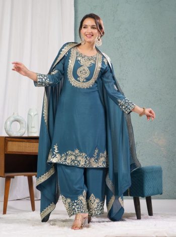 FASHIONABLE CHINON SILK EMBROIDERY SEQUENCE WORK TOP PALAZZO WITH DUPATTA TEAL
