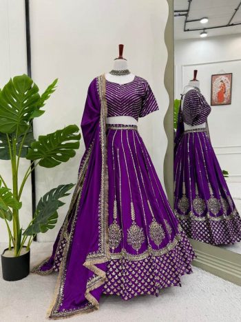 FASHIONABLE CHINON SILK THREAD WITH SEQUENCE WORK LEHENGA CHOLI WITH DUPATTA PURPLE