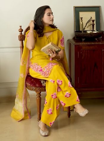 FASHIONABLE CREPE SILK EMBROIDERY SEQUENCE WORK TOP PALAZZO WITH DUPATTA  YELLOW