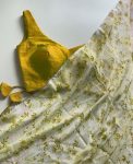 FASHIONABLE GEORGETTE DIGITAL PRINT CROCHET WORK SAREE WITH UNSTITCHED BLOUSE YELLOW
