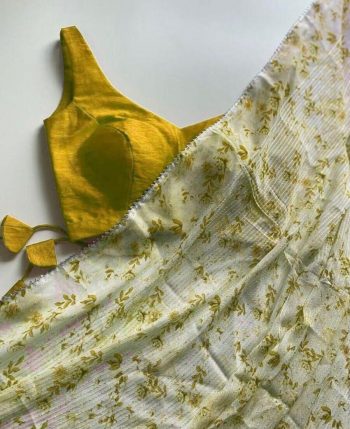 FASHIONABLE GEORGETTE DIGITAL PRINT CROCHET WORK SAREE WITH UNSTITCHED BLOUSE YELLOW