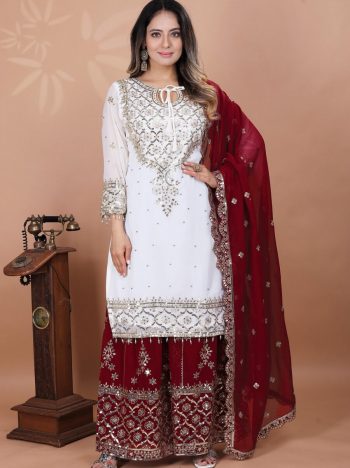 FASHIONABLE GEORGETTE EMBROIDERY SEQUENCE WORK TOP SHARARA WITH DUPATTA RED