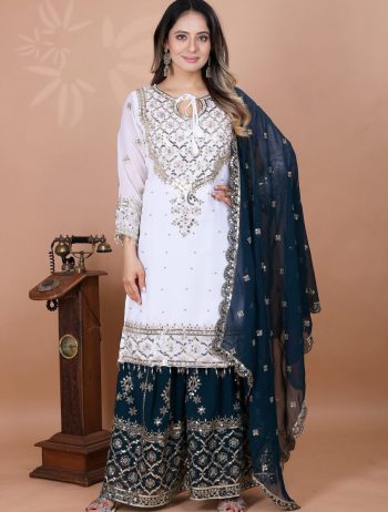 FASHIONABLE GEORGETTE EMBROIDERY SEQUENCE WORK TOP SHARARA WITH DUPATTA RAMA