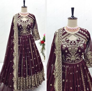 FASHIONABLE GEORGETTE SEQUENCE EMBROIDERY WORK GOWN BOTTOM WITH DUPATTA WINE