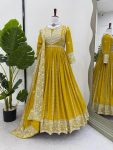 FASHIONABLE GEORGETTE THREAD AND SEQUENCE WITH RIVET MOTI WORK GOWN BOTTOM WITH DUPATTA YELLOW