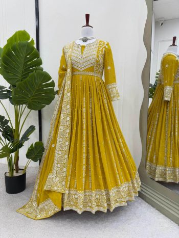 FASHIONABLE GEORGETTE THREAD AND SEQUENCE WITH RIVET MOTI WORK GOWN BOTTOM WITH DUPATTA YELLOW
