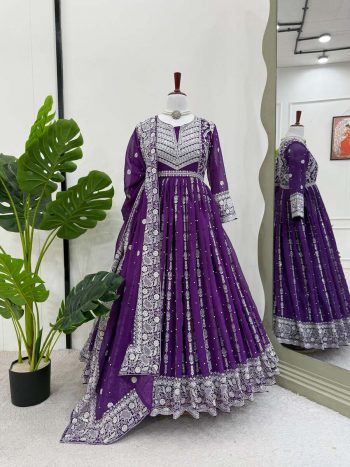 FASHIONABLE GEORGETTE THREAD AND SEQUENCE WITH RIVET MOTI WORK GOWN BOTTOM WITH DUPATTA PURPLE