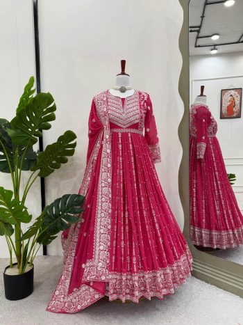 FASHIONABLE GEORGETTE THREAD AND SEQUENCE WITH RIVET MOTI WORK GOWN BOTTOM WITH DUPATTA PINK