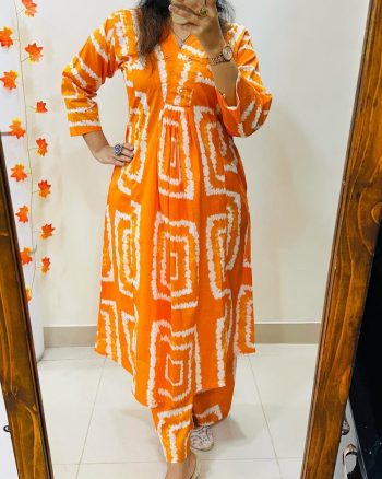 FASHIONABLE HEAVY COTTON SILK SHIBORI PRINT CO-ORD SET ORANGE