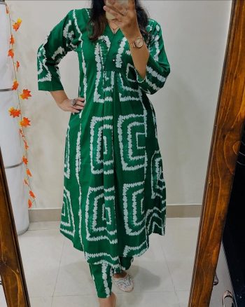 FASHIONABLE HEAVY COTTON SILK SHIBORI PRINT CO-ORD SET GREEN