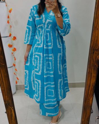 FASHIONABLE HEAVY COTTON SILK SHIBORI PRINT CO-ORD SET SKY