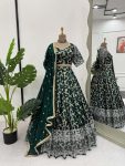 FASHIONABLE JACQUARD THREAD SEQUENCE WORK LEHENGA CHOLI WITH DUPATTA GREEN