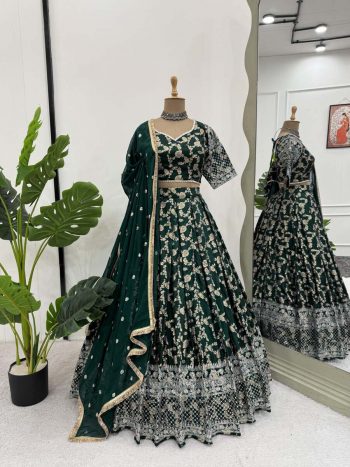 FASHIONABLE JACQUARD THREAD SEQUENCE WORK LEHENGA CHOLI WITH DUPATTA GREEN