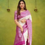 FASHIONABLE LICHI SILK JACQUARD WORK  SAREE WITH UNSTITCHED BLOUSE WHITE