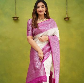 FASHIONABLE LICHI SILK JACQUARD WORK  SAREE WITH UNSTITCHED BLOUSE WHITE