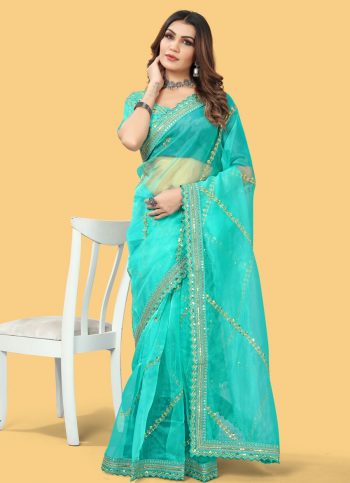 FASHIONABLE ORGANZA SILK SEQUENCE & ZARI MULTI WORK SAREE WITH UNSTITCHED BLOUSE SKY