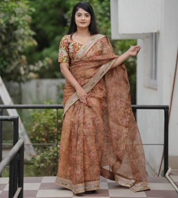 FASHIONABLE SMOOTH ORGANZA PRINT WITH MULTI  THREAD WITH SEQUENCE EMBROIDERY WORK SAREE WITH UNSTITCHED BLOUSE MEHNDI
