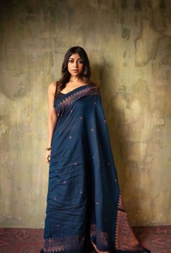 FASHIONABLE SOFT LICHI SILK  JACQUARD WORK SAREE WITH UNSTITCHED BLOUSE TEAL