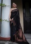 FASHIONABLE SOFT LICHI SILK  JACQUARD WORK SAREE WITH UNSTITCHED BLOUSE BLACK