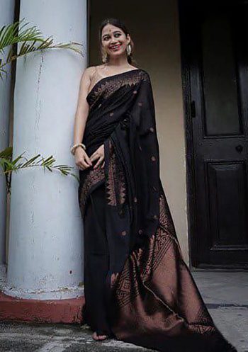 FASHIONABLE SOFT LICHI SILK  JACQUARD WORK SAREE WITH UNSTITCHED BLOUSE BLACK