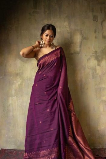 FASHIONABLE SOFT LICHI SILK  JACQUARD WORK SAREE WITH UNSTITCHED BLOUSE WINE