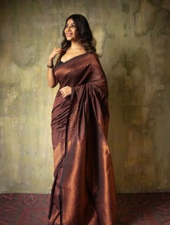 FASHIONABLE SOFT LICHI SILK  JACQUARD WORK SAREE WITH UNSTITCHED BLOUSE BROWN