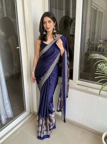 GEORGEOUS SEMI GAJJI SILK PRINTED WORK SAREE WITH UNSTITCHED  BLOUSE BLUE