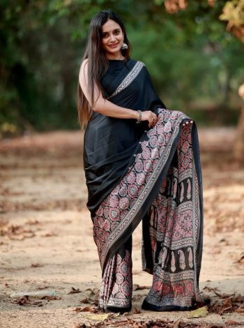 GEORGEOUS SEMI GAJJI SILK PRINTED WORK SAREE WITH UNSTITCHED  BLOUSE BLACK