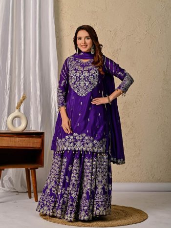 GORGEOUS CHINON SILK EMBROIDERY WITH SEQUENCE, ZARI WORK TOP LEHENGA WITH DUPATTA PURPLE