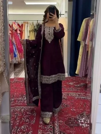 GORGEOUS CHINON SILK THREAD WITH SEQUENCE WORK TOP PALAZZO WITH DUPATTA  PURPLE