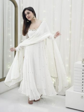 GORGEOUS GEORGETTE HAND WORK GOWN BOTTOM WITH DUPATTA WHITE