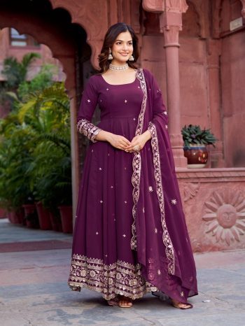 GORGEOUS GEORGETTE THREAD WITH SEQUENCE WORK GOWN BOTTOM WITH DUPATTA WINE