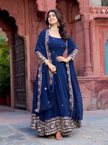 GORGEOUS GEORGETTE THREAD WITH SEQUENCE WORK GOWN BOTTOM WITH DUPATTA NAVY BLUE