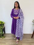 GORGEOUS MUSLIN SILK  EMBROIDERY WORK ANARKALI TOP BOTTOM WITH DUPATTA PURPLE