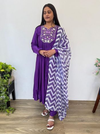 GORGEOUS MUSLIN SILK  EMBROIDERY WORK ANARKALI TOP BOTTOM WITH DUPATTA PURPLE
