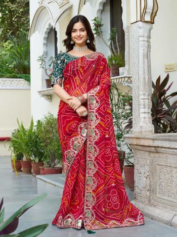 LATEST BANDHEJ PRINTED WITH PITHA & GOTA PATTI WORK SAREE WITH UNSTITCHED BLOUSE RED