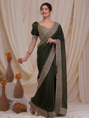 LATEST BLOOMING VICHITRA EMBROIDERY ZARI THREAD WORK SAREE WITH UNSTITCHED BLOUSE GREEN