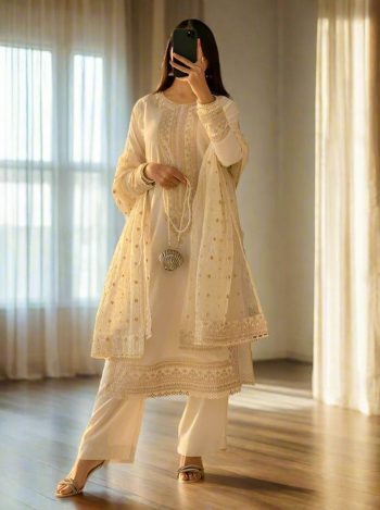 LATEST CHANDERI SILK EMBROIDERY SEQUENCE WORK TOP BOTTOM WITH DUPATTA  OFF WHITE