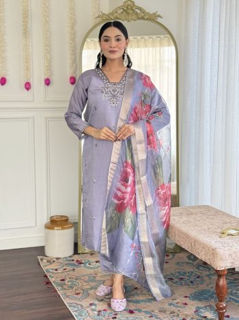 LATEST CHANDERI SILK EMBROIDERY WORK TOP BOTTOM WITH DUPATTA GREY
