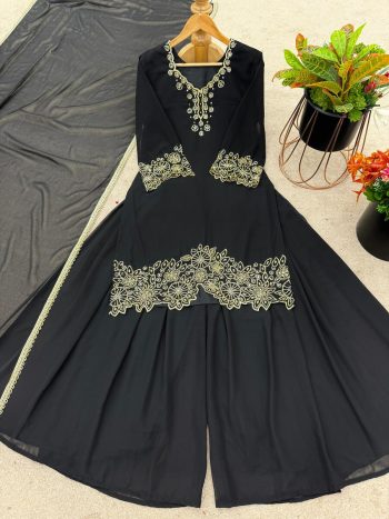 LATEST GEORGETTE EMBROIDERY BEADS WORK TOP PALAZZO WITH DUPATTA BLACK