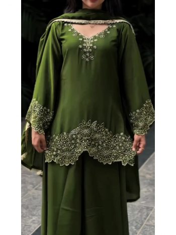 LATEST GEORGETTE EMBROIDERY BEADS WORK TOP PALAZZO WITH DUPATTA GREEN