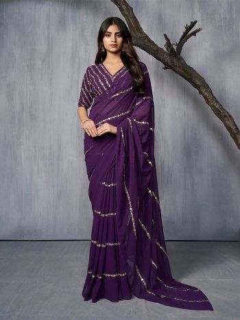 LATEST GEORGETTE EMBROIDERY WORK SAREE WITH UNSTITCHED BLOUSE PURPLE