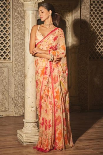 LATEST GEORGETTE HEAVY DIGITAL PRINT SAREE WITH UNSTITCHED BLOUSE CREAM